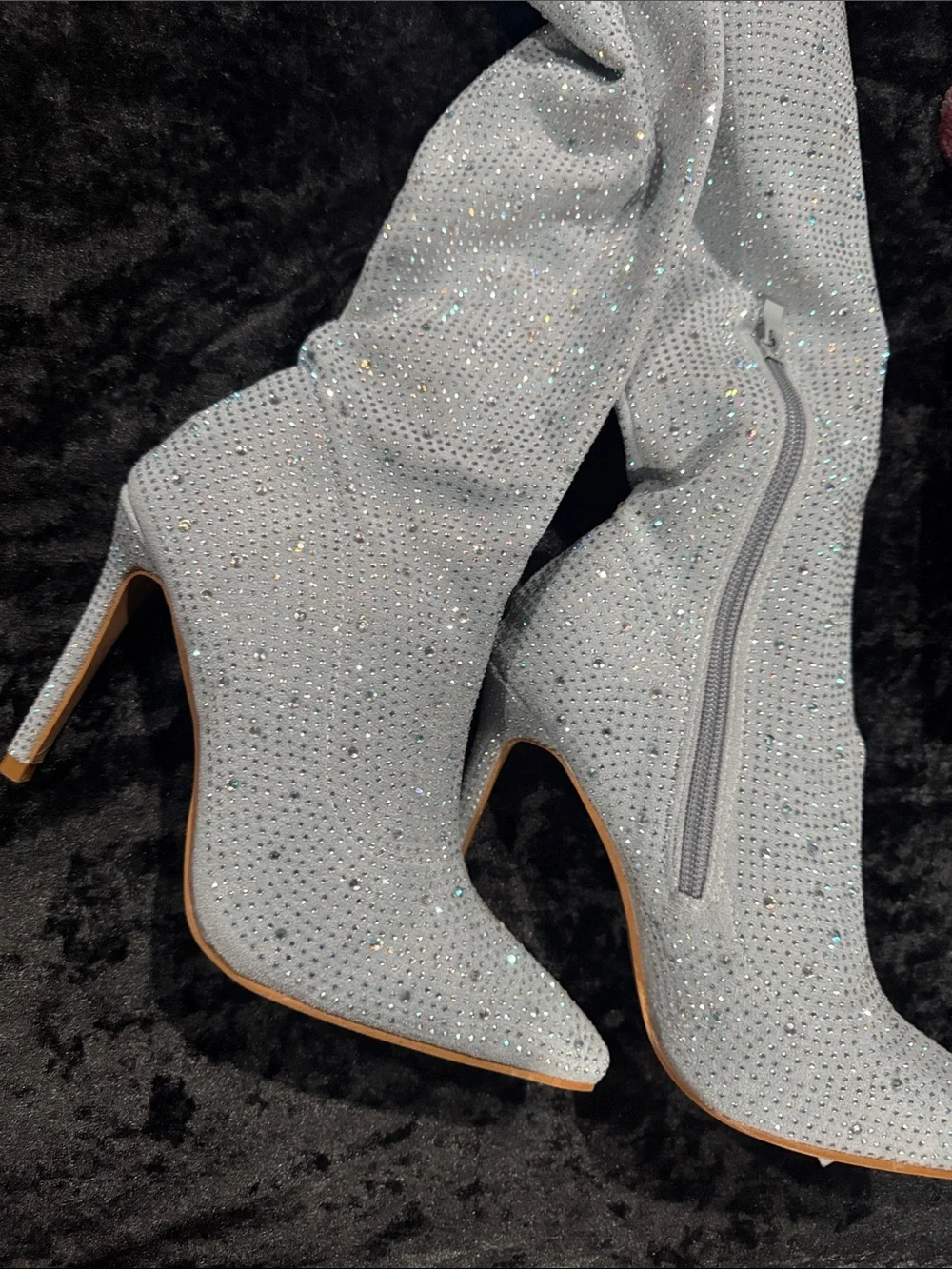 Crystal-Embellished Silver Knee-High Stiletto Boots - Women